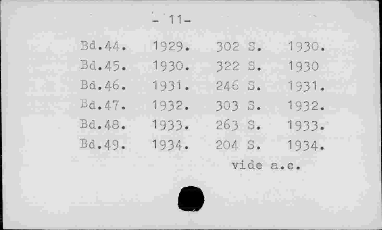 ﻿- 11-
Bd.44.	1929.	302	S •	1930
Bd.45 •	19ЗО.	322	s#	1930
Bd.4b.	1931.	246	U •	1931
Bd.47.	1932.	303	s.	1932
Bd.48.	1933.	263	Se	1933
Bd.49.	1934.	204	s.	1934
vide a.с.